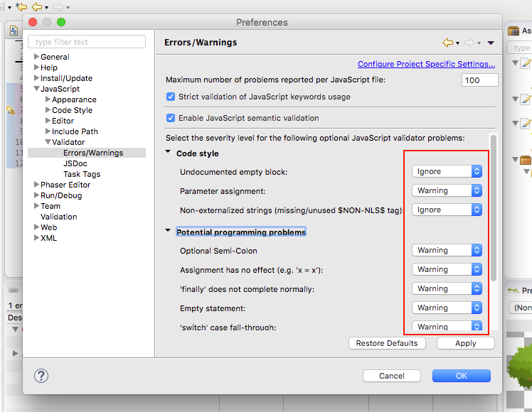 JavaScript validation preferences.