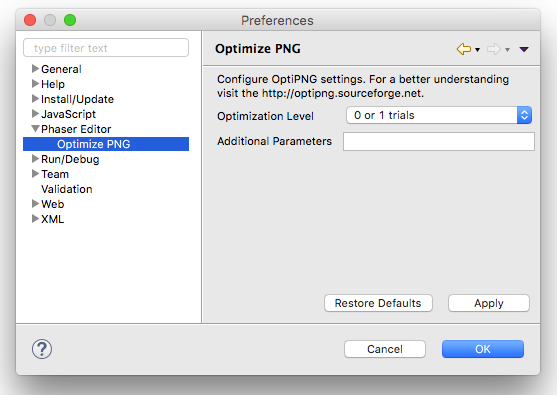 OptiPNG program arguments.