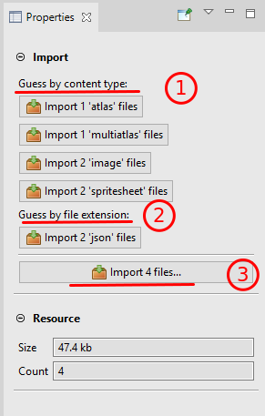 The different options to import the files.