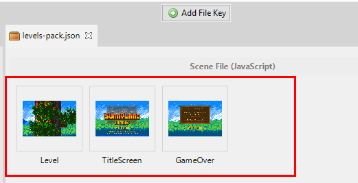 Scene JavaScript files are displayed with a scene screenshot.