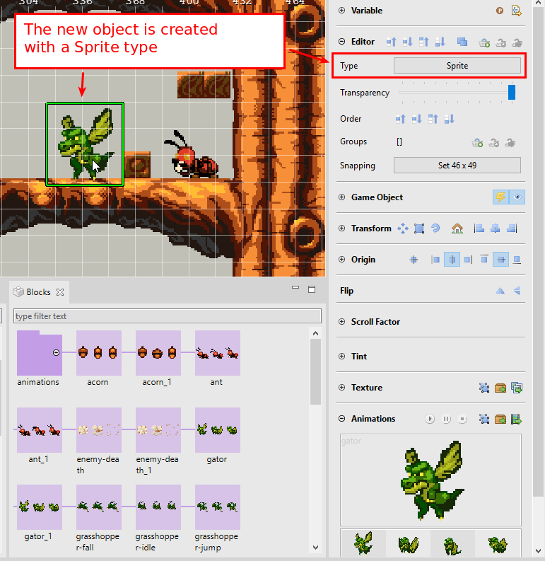 The new object is created with a Sprite type.
