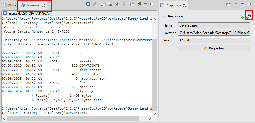 Open Terminal view with Properties button.