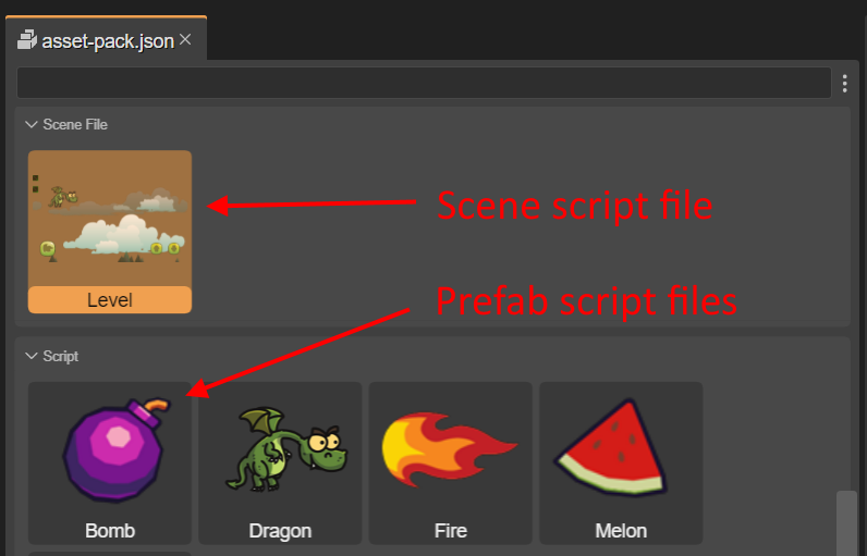 Scene JavaScript files are displayed with a scene screenshot.