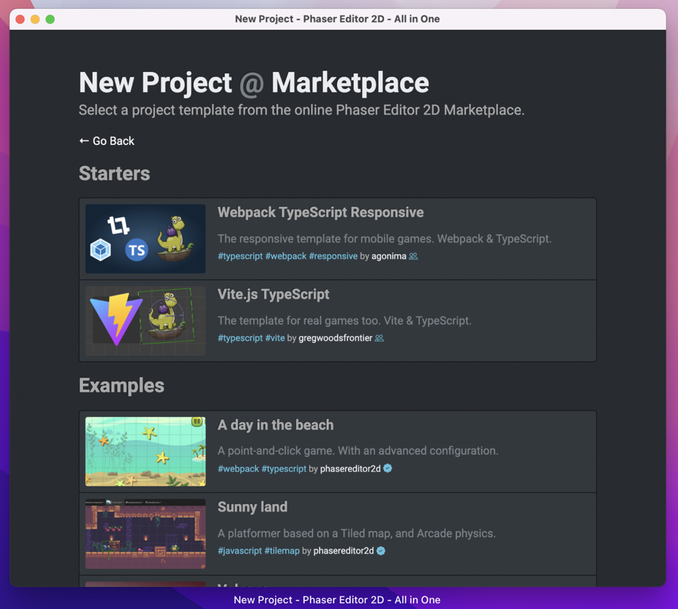 Select project template from the marketplace.