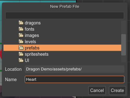 New prefab with object dialog.