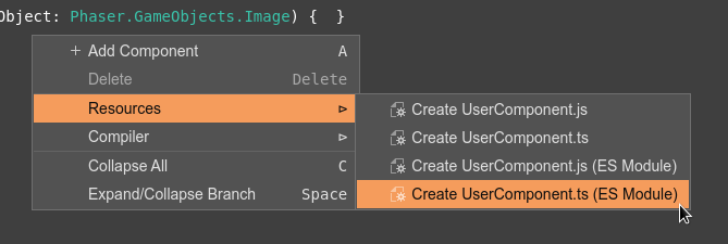 Context menu for creating the UserComponent.js file.