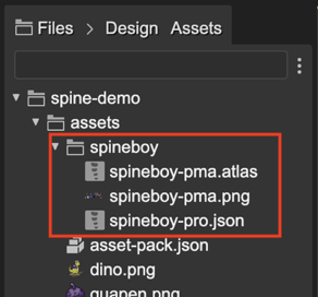Copy Spine files into the assets folder of your game.