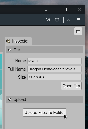 Launches the Upload files dialog from the Inspector view.